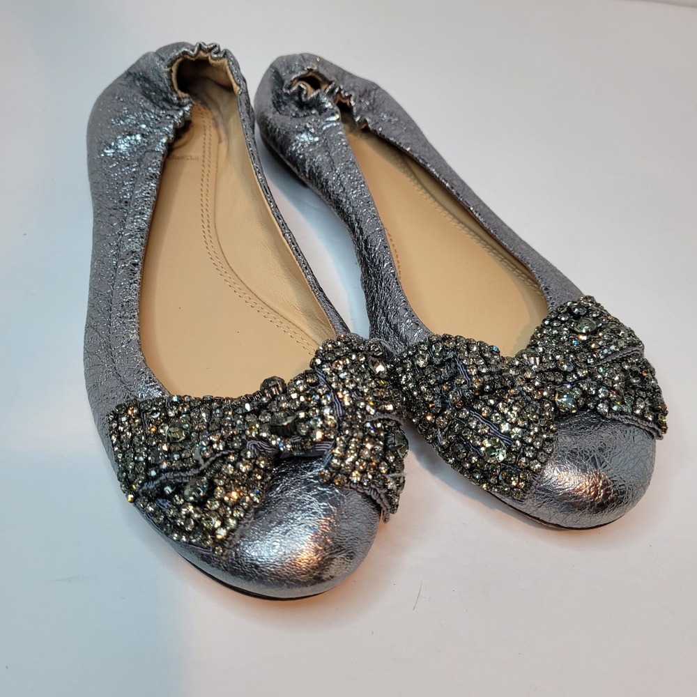 Tory Burch Womens Metallic Rhinestoned Accent Flats Pewter Size 5.5